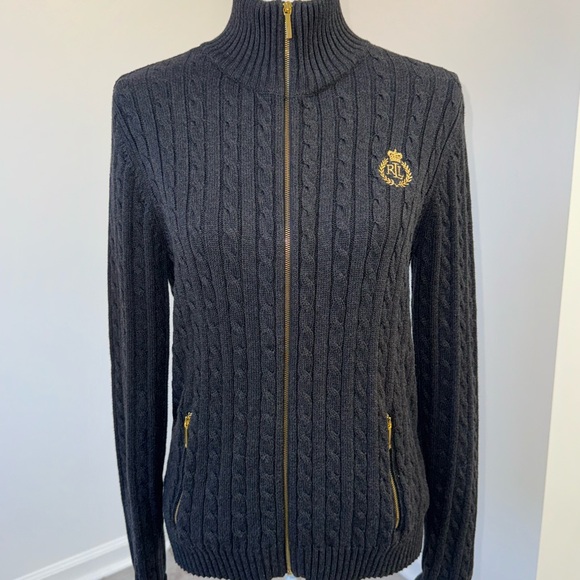 Lauren Ralph Lauren Sweaters - Lauren Ralph Lauren Womens Large Gray Cable Knit Zip Up Sweater Mock Neck Preppy